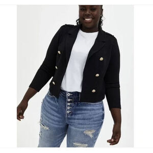 NEW Torrid Black Cropped Military Jacket Long Sleeve Open Front Size 00X